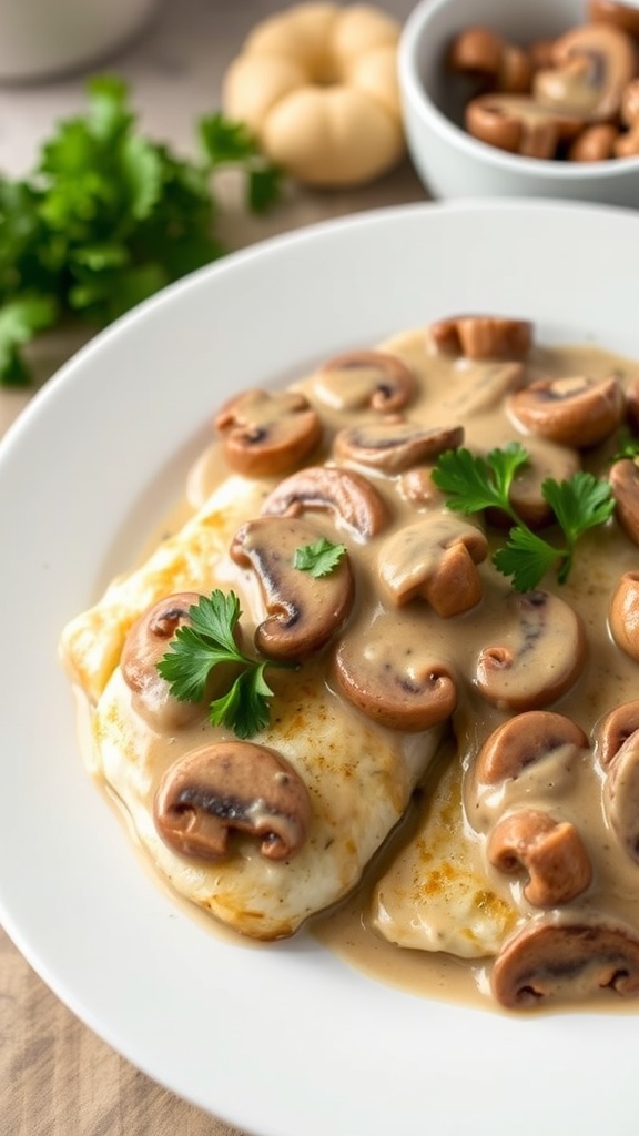 Tilapia fillets with creamy mushroom sauce garnished with parsley on a white plate.